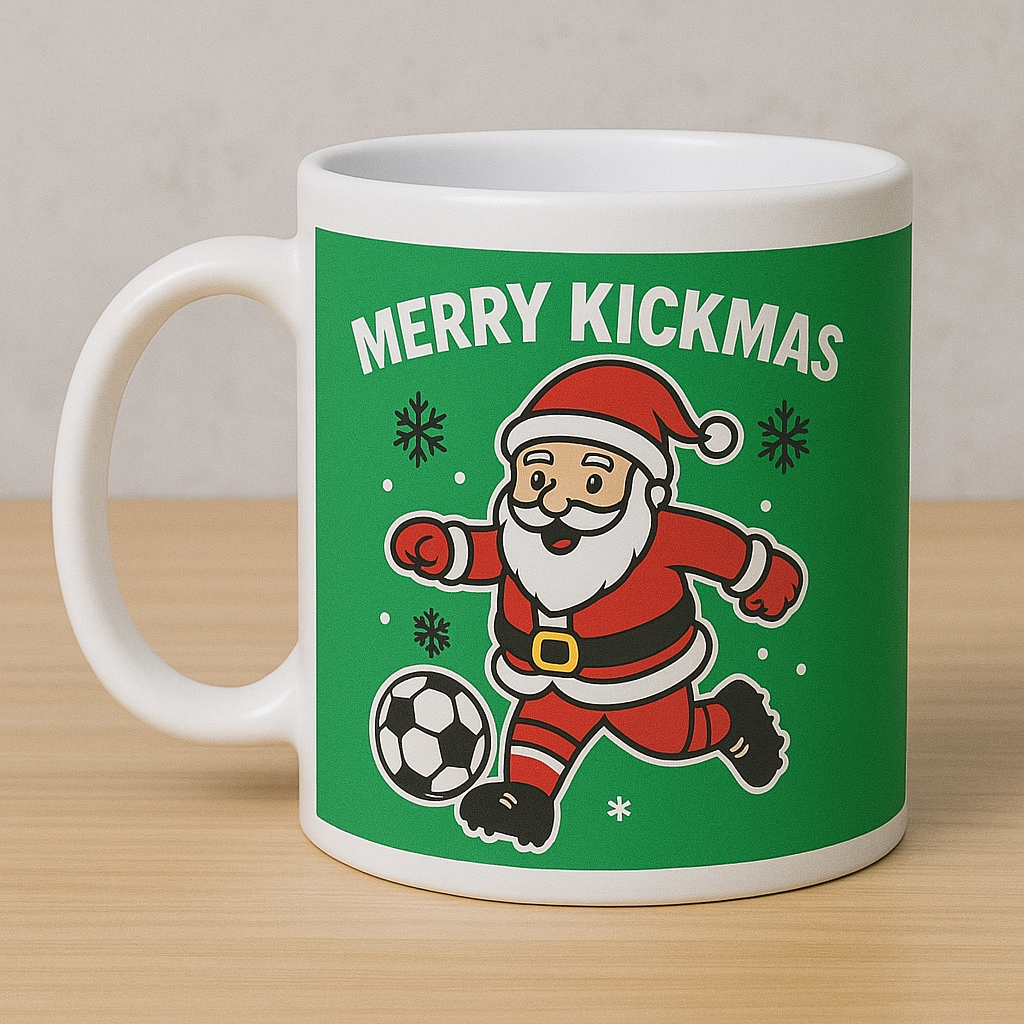 🎅 Merry Kickmas Football Mug – Personalised Santa Footballer Cup | Funny Christmas Gift for Football Fans | ANY CLUB