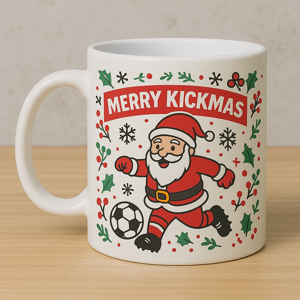 🎅 Merry Kickmas Football Mug – Personalised Santa Footballer Cup | Funny Christmas Gift for Football Fans | ANY CLUB